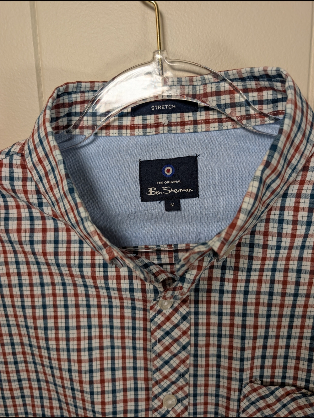 Ben Sherman Shirt Mens Medium Red Blue Plaid Button Down Stretch Mod Casual
